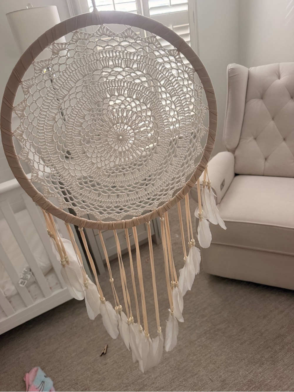 Bali - handmade Boho Crochet Dreamcatcher with Feathers - Cream & Tan